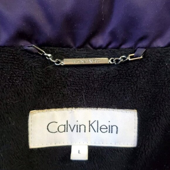 Calvin Klein Womens Down Puffer Coat L Purple Gray Faux Fur Trim Removable Hood - Picture 16 of 16